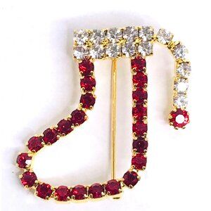 Vintage Rhinestone Christmas Stocking Brooch Pin Red White MCM Sparkly